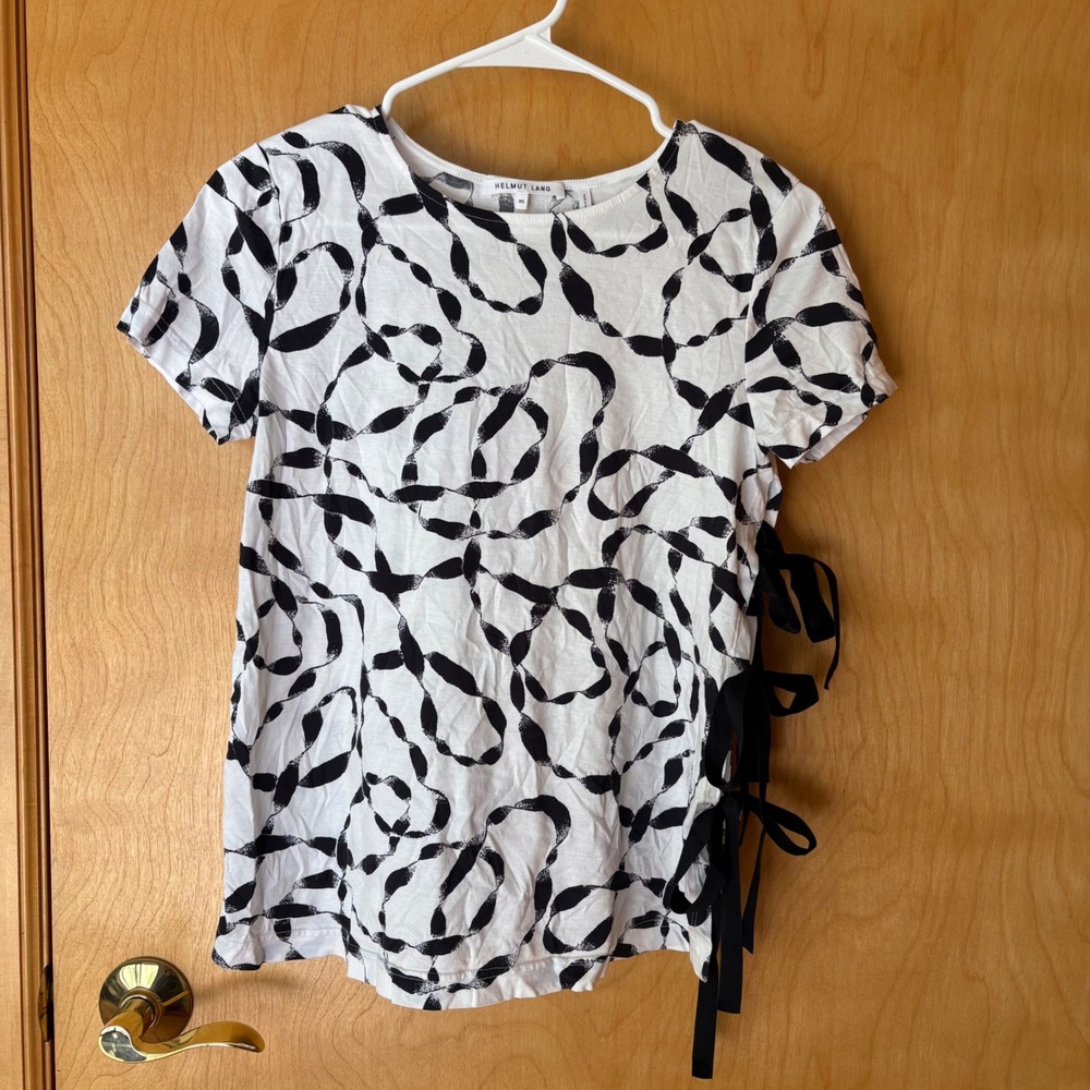 Helmut Lang Side Tie Abstract Print T-Shirt Womens XS White Black G09HW511